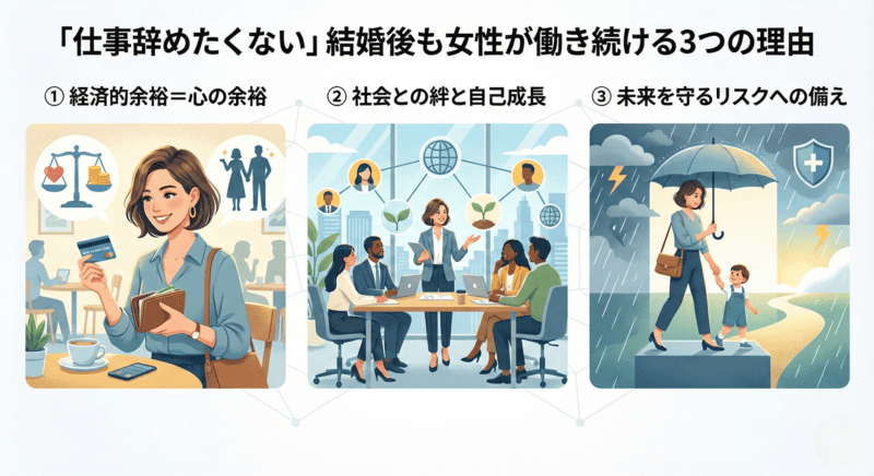 「仕事辞めたくない」結婚後も女性が働き続ける3つの理由の図解