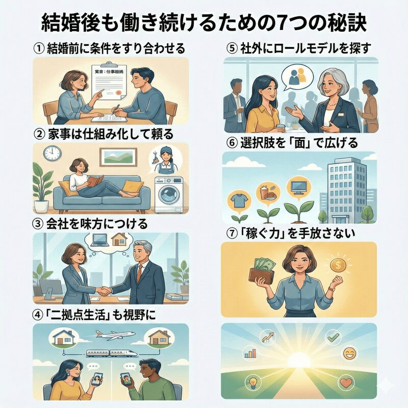 結婚後も働き続けるための7つの秘訣の図解