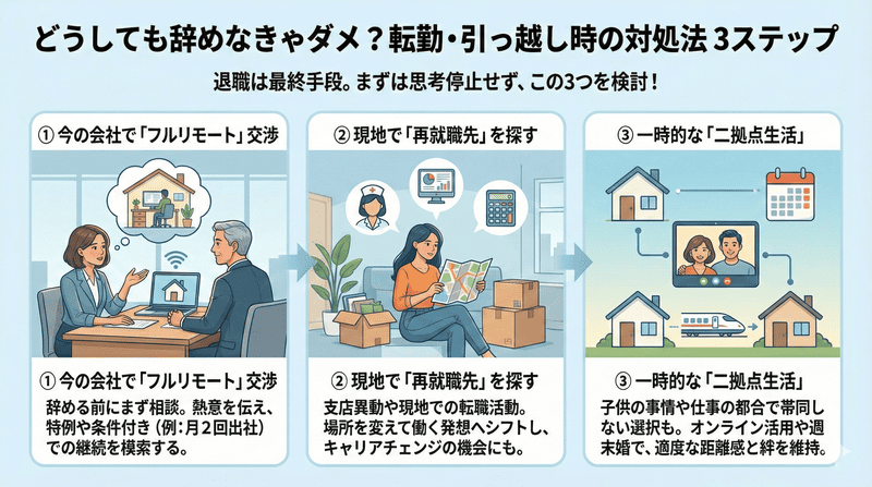 どうしても辞めなきゃダメ?転勤・引っ越し時の対処法の図解
