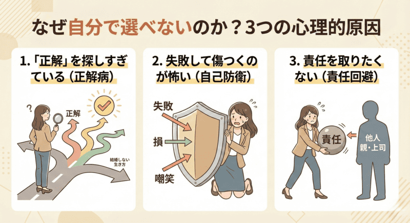 なぜ自分で選べないのか?3つの心理的原因の図解