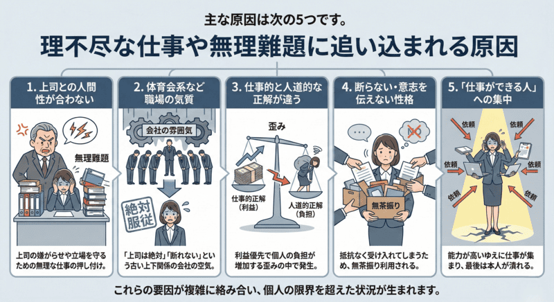 理不尽な仕事や無理難題に追い込まれる原因の図解