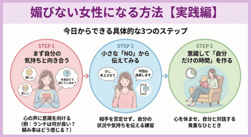 媚びない女性になる方法の3つのステップ図解